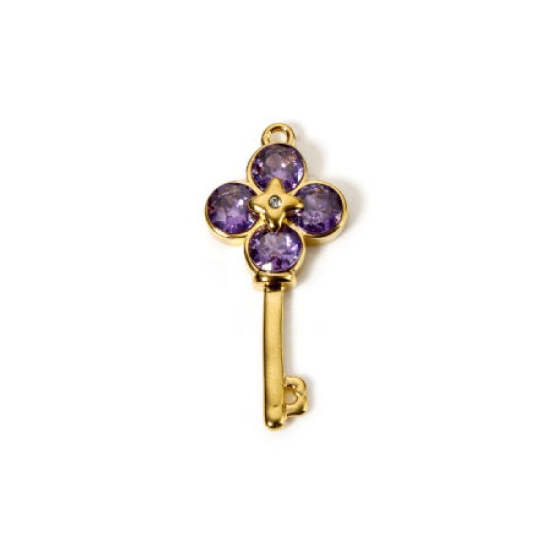 1 Piece Vacuum Plating 304 Stainless Steel Pendants 18K Gold Plated Key Purple Rhinestone 31Mm X 14Mm
