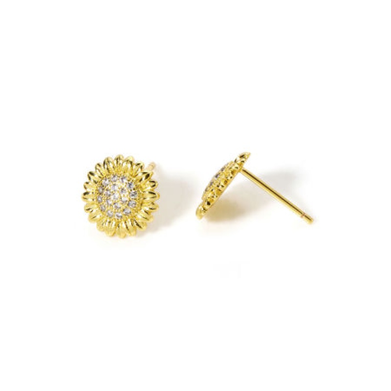 1 Pair Eco-Friendly Stylish Exquisite 18K Real Gold Plated Brass & Cubic Zirconia Sunflower Ear Post Stud Earrings For Women 10Mm X 10Mm, Post/ Wire Size: (20 Gauge)
