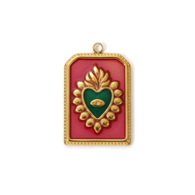 2 Pcs Eco-Friendly Pvd Vacuum Plating Waterproof Anti-Tarnish Hypoallergenic 304 Stainless Steel Religious Charms 18K Real Gold Plated Fuchsia Enamel Hexagon Ex Voto Heart 28Mm X 18Mm