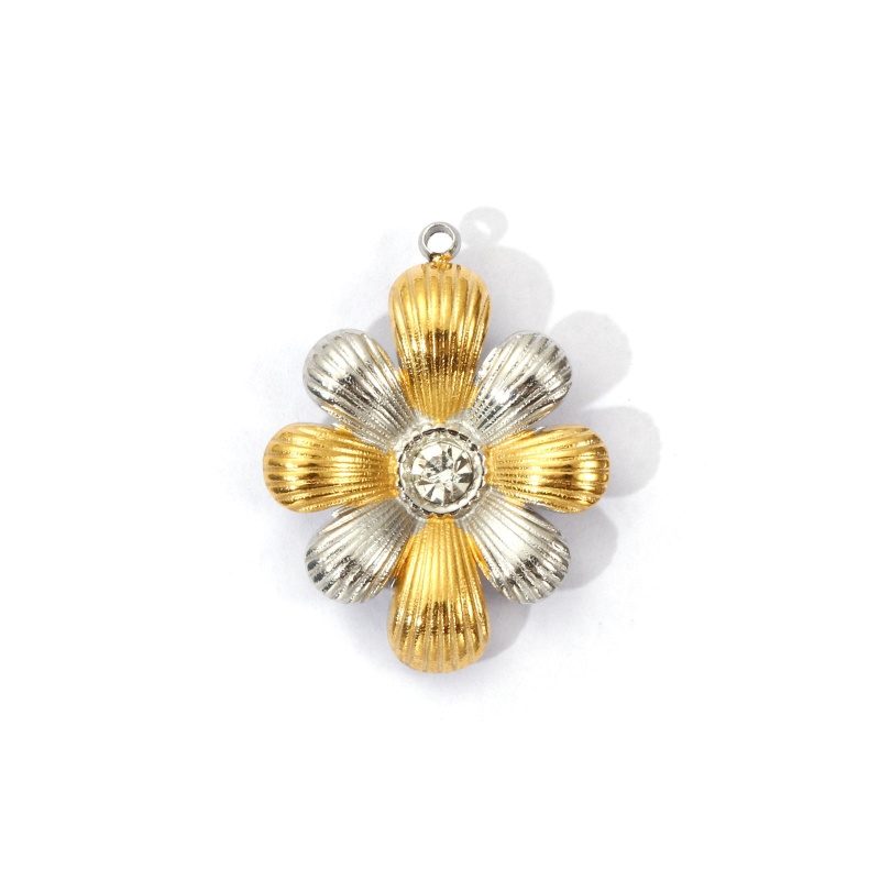 1 Piece Eco-Friendly Pvd Vacuum Plating Waterproof Anti-Tarnish Hypoallergenic 304 Stainless Steel Charms 18K Real Gold Plated & Silver Tone Two Tone Flower Clear Rhinestone 25.5Mm X 19.5Mm