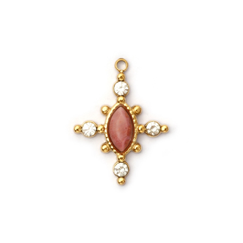 1 Piece Eco-Friendly Pvd Vacuum Plating Waterproof Anti-Tarnish Hypoallergenic 304 Stainless Steel & Gemstone Charms 18K Real Gold Plated Dark Pink Cross Clear Rhinestone 22Mm X 17Mm