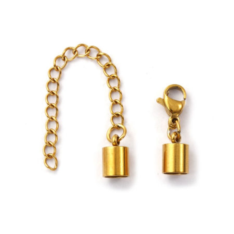 2 Sets Eco-Friendly Pvd Vacuum Plating Waterproof Anti-Tarnish Hypoallergenic 304 Stainless Steel Cord End Caps For Necklace Bracelet Jewelry Making 18K Real Gold Plated With Lobster Claw Clasp And Extender Chain (Fits 4Mm Cord) 9Mm X 5Mm