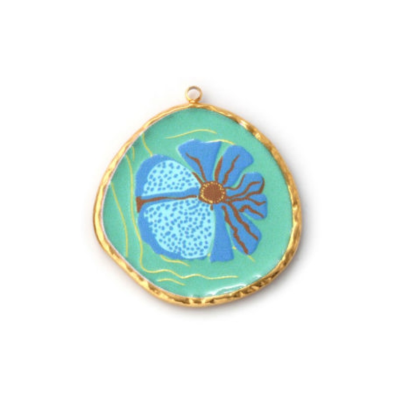 1 Piece Eco-Friendly Pvd Vacuum Plating Waterproof Anti-Tarnish Hypoallergenic 304 Stainless Steel Pendants 18K Real Gold Plated Green Disc Flower Printed 3.2Cm X 2.9Cm