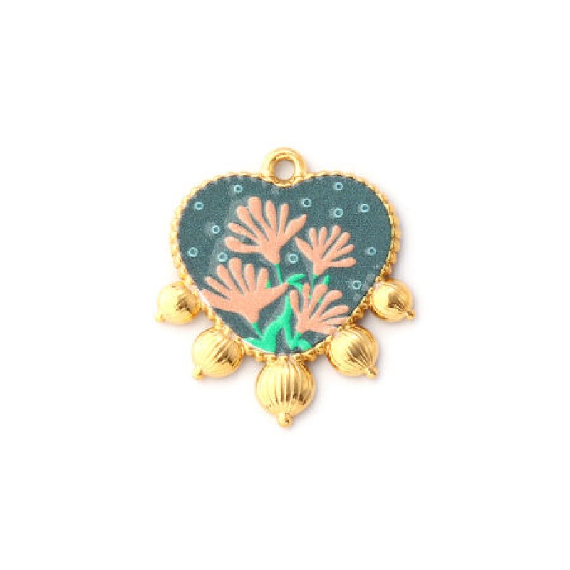 1 Piece Eco-Friendly Pvd Vacuum Plating Waterproof Anti-Tarnish Hypoallergenic 304 Stainless Steel Valentine's Day Charms 18K Real Gold Plated Multicolor Heart Flower Printed 26Mm X 23Mm