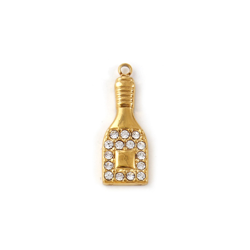 1 Piece Eco-Friendly Pvd Vacuum Plating Waterproof Anti-Tarnish Hypoallergenic 304 Stainless Steel Charms 18K Real Gold Plated Wine Bottle Micro Pave Clear Cubic Zirconia 21Mm X 8Mm