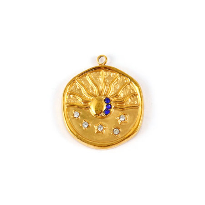 1 Piece Eco-Friendly Pvd Vacuum Plating Waterproof Anti-Tarnish Hypoallergenic 304 Stainless Steel Galaxy Charms 18K Real Gold Plated Round Disc Sun Micro Pave Dark Blue Rhinestone 21Mm X 18Mm