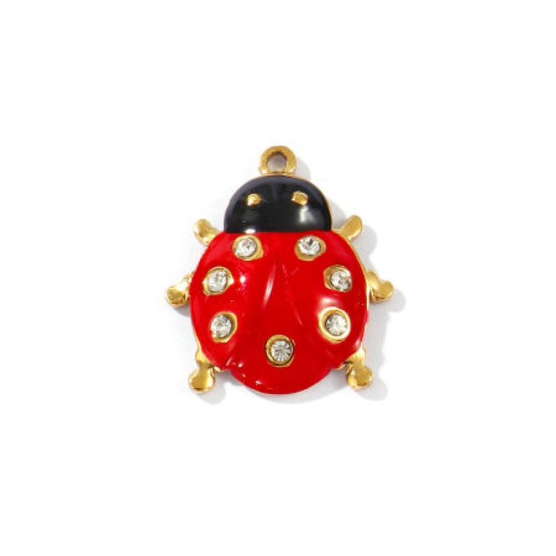 2 Pcs Eco-Friendly Pvd Vacuum Plating 304 Stainless Steel Insect Charms 18K Gold Plated Red Enamel Ladybug Animal Clear Rhinestone 22Mm X 20Mm