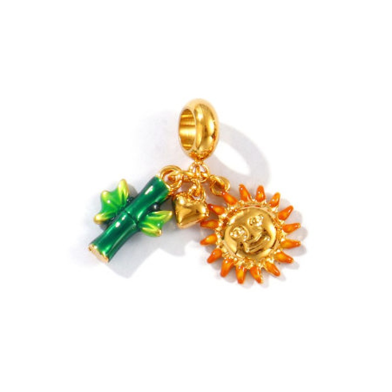 1 Piece Eco-Friendly Pvd Vacuum Plating Waterproof Anti-Tarnish Hypoallergenic 304 Stainless Steel Galaxy Dangle Charm Beads For Bracelet Necklace Jewelry Making 18K Real Gold Plated Green Enamel Bamboo-Shaped 26Mm