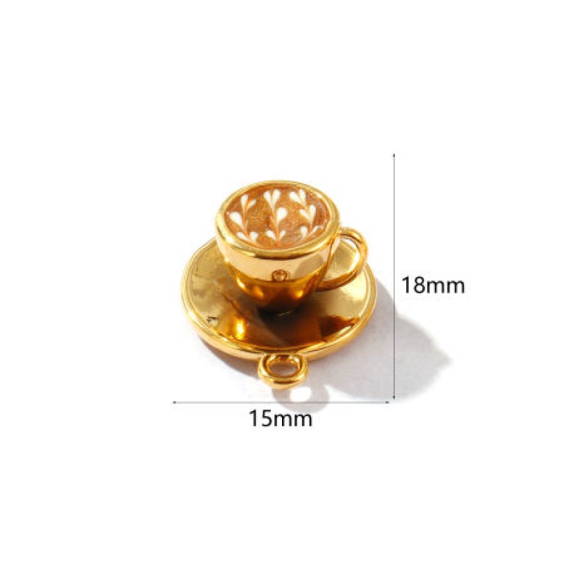 1 Piece Eco-Friendly Pvd Vacuum Plating Waterproof Anti-Tarnish Hypoallergenic 304 Stainless Steel Charms 18K Real Gold Plated Coffee Enamel Cup Heart Pearlized 18Mm X 15Mm