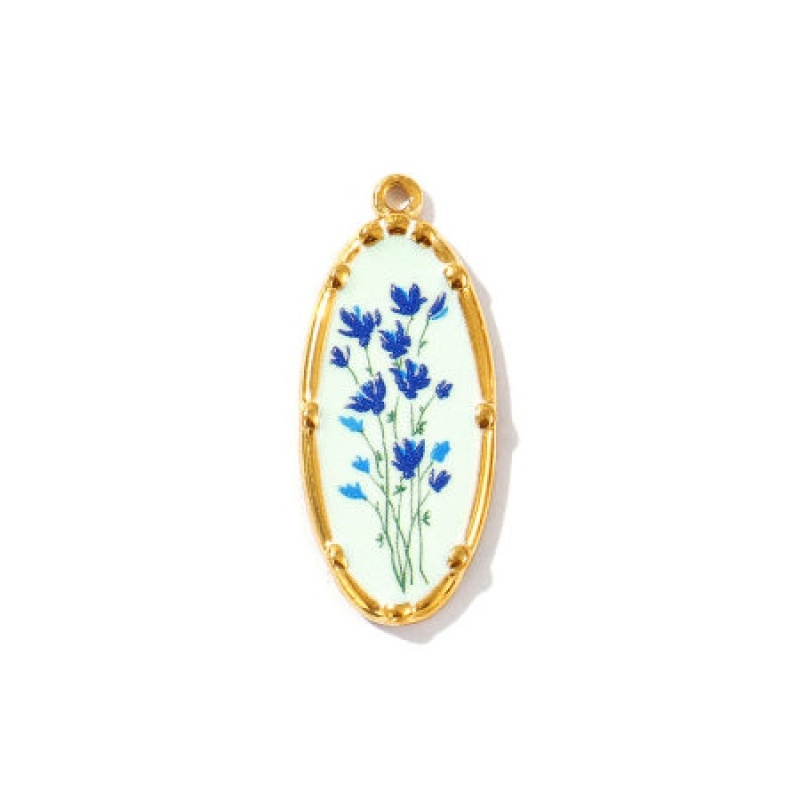 2 Pcs Eco-Friendly Pvd Vacuum Plating Waterproof Anti-Tarnish Hypoallergenic 304 Stainless Steel Pendants 18K Real Gold Plated Dark Blue Oval Flower Printed 3.4Cm X 1.4Cm