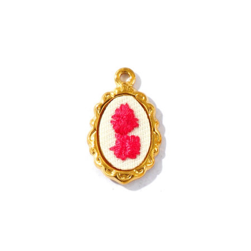 2 Pcs Eco-Friendly Pvd Anti-Tarnish Hypoallergenic 304 Stainless Steel Charms K Real Gold Plated Fuchsia Oval Flower Handmade Embroidered 23Mm X 14Mm
