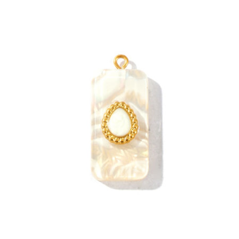 1 Piece Eco-Friendly Pvd Waterproof Anti-Tarnish Hypoallergenic 304 Stainless Steel & Resin Pendants K Real Gold Plated White Enamel Rectangle Drop Pearlized 3.4Cm X 1.5Cm