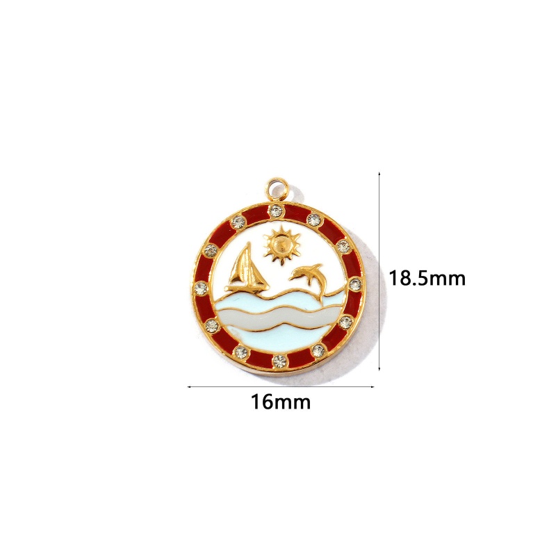1 Piece Eco-Friendly Pvd Waterproof Anti-Tarnish Hypoallergenic 304 Stainless Steel Ocean Jewelry Charms K Real Gold Plated Coffee Enamel Round Disc Sailing Boat Micro Pave Clear Rhinestone 18.5Mm X 16Mm