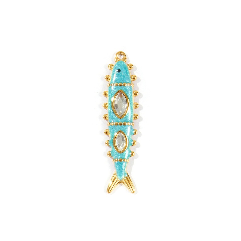 2 Pcs Eco-Friendly Pvd Waterproof Anti-Tarnish Hypoallergenic 304 Stainless Steel Ocean Jewelry Pendants K Real Gold Plated Green Blue Enamel Fish Animal Pearlized Clear Rhinestone 4.7Cm X 1.2Cm