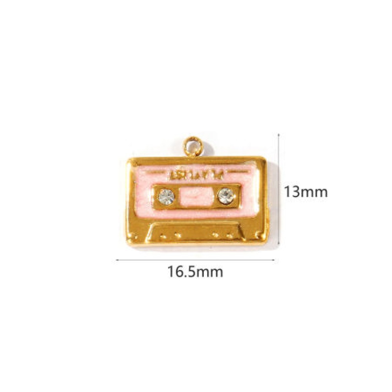 2 Pcs Eco-Friendly Pvd Waterproof Anti-Tarnish Hypoallergenic 304 Stainless Steel Music Charms K Real Gold Plated Pink Enamel Cassette Tape Pearlized Clear Rhinestone 16.5Mm X 13Mm
