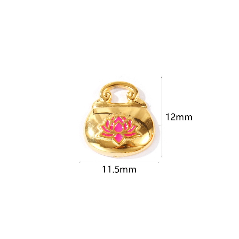 2 Pcs Eco-Friendly Pvd Waterproof Anti-Tarnish Hypoallergenic 304 Stainless Steel Clothes Charms K Real Gold Plated Hot Pink Enamel Handbag Lotus Flower 12Mm X 11.5Mm