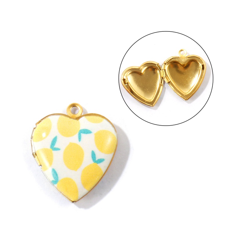 2 Pcs Eco-Friendly Pvd Waterproof Anti-Tarnish Hypoallergenic 304 Stainless Steel Valentine's Day Picture Photo Locket Frame Pendants K Real Gold Plated Yellow Heart Lemon Printed 22.5Mm X 19Mm