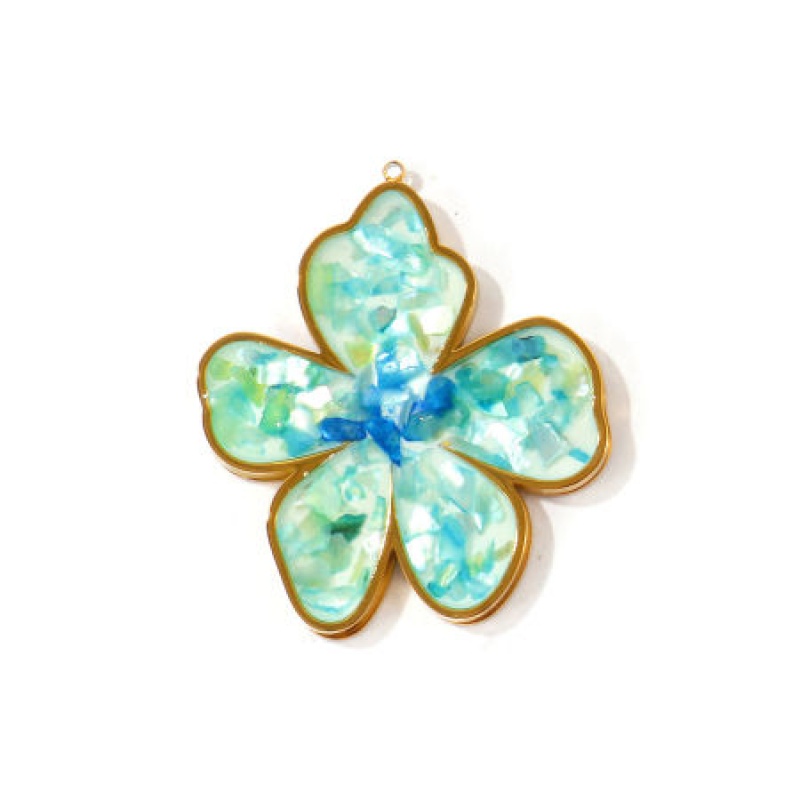 1 Piece Eco-Friendly Pvd Waterproof Anti-Tarnish Hypoallergenic 304 Stainless Steel & Natural Shell Handmade Resin Jewelry Real Gravel Pendants K Real Gold Plated Blue Flower 3.8Cm X 3.2Cm
