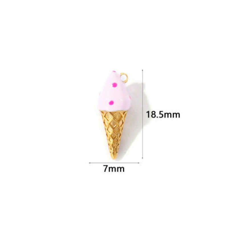 2 Pcs Eco-Friendly Pvd Waterproof Anti-Tarnish Hypoallergenic 304 Stainless Steel Charms K Real Gold Plated Pink Enamel Ice Cream 3D 18.5Mm X 7Mm