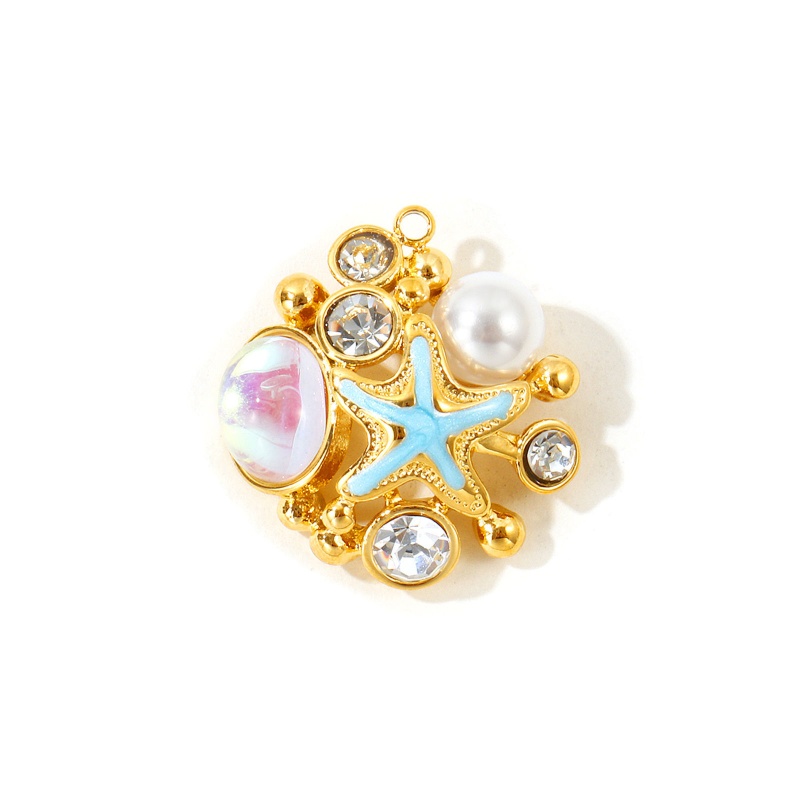 1 Piece Eco-Friendly Pvd Waterproof Anti-Tarnish Hypoallergenic 304 Stainless Steel Ocean Jewelry Charms K Real Gold Plated Light Blue Enamel Starfish Acrylic Imitation Pearl Clear Rhinestone 26.5Mm X 25Mm