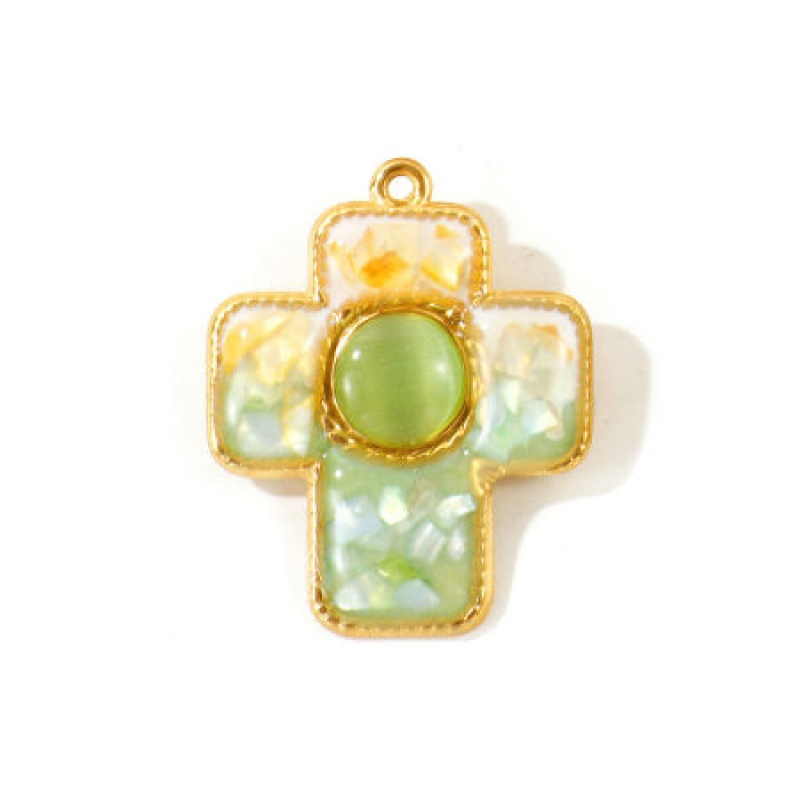 1 Piece Eco-Friendly Pvd 304 Stainless Steel & Natural Shell Pendants K Real Gold Plated Green Cross Synthetic Cat's Eye 3.8Cm X 3.1Cm