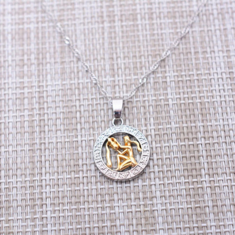 Necklace Gold Plated & Silver Tone Circle Ring Aquarius Sign Of Zodiac Constellations 50Cm(19 5/8") Long, 1 Piece