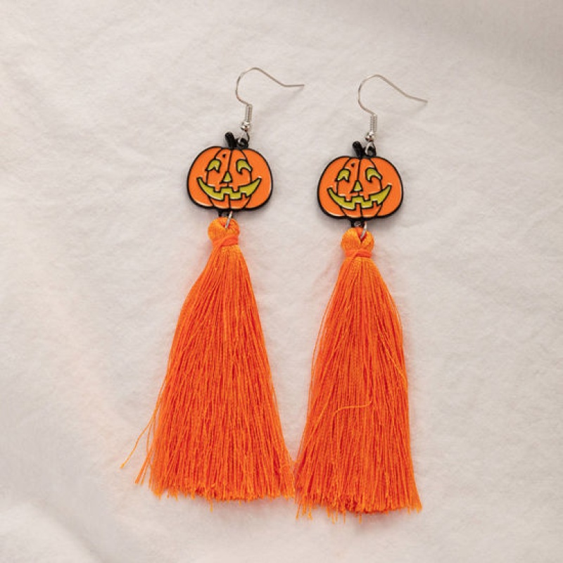 Halloween Ear Wire Hook Earrings Silver Tone Orange Tassel Pumpkin 10.3Cm X 2Cm, 1 Pair