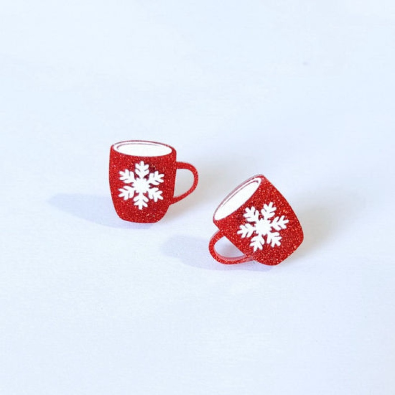 Acrylic Christmas Ear Post Stud Earrings Silver Tone White & Red Cup Snowflake 19Mm X 18Mm, 1 Pair