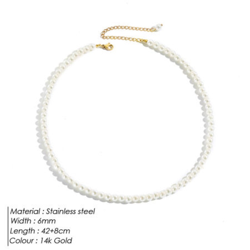 1 Piece 316 Stainless Steel Elegant 3Mm Beaded Necklace 14K Gold Plated White Acrylic Imitation Pearl 42Cm(16.5") Long