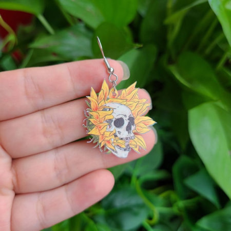 Resin Day Of The Dead Earrings Orange Sugar Skull Sunflower 2.6Cm, 1 Pair