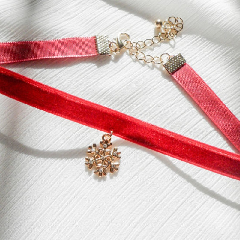 Stylish Choker Necklace Gold Plated Red Christmas Snowflake Enamel 30Cm(11 6/8") Long, 1 Piece