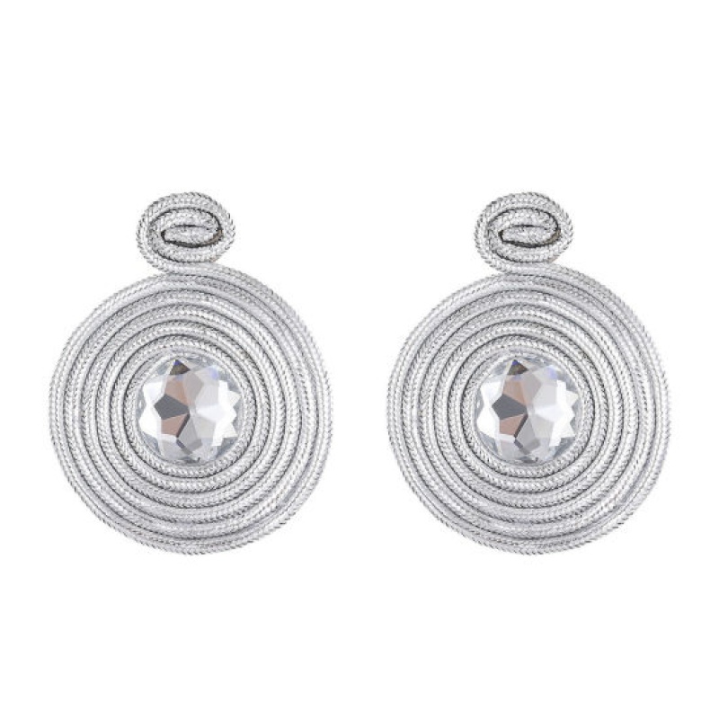 1 Pair Retro Earrings Silver Tone Round Spiral Clear Rhinestone 6.2Cm X 5Cm