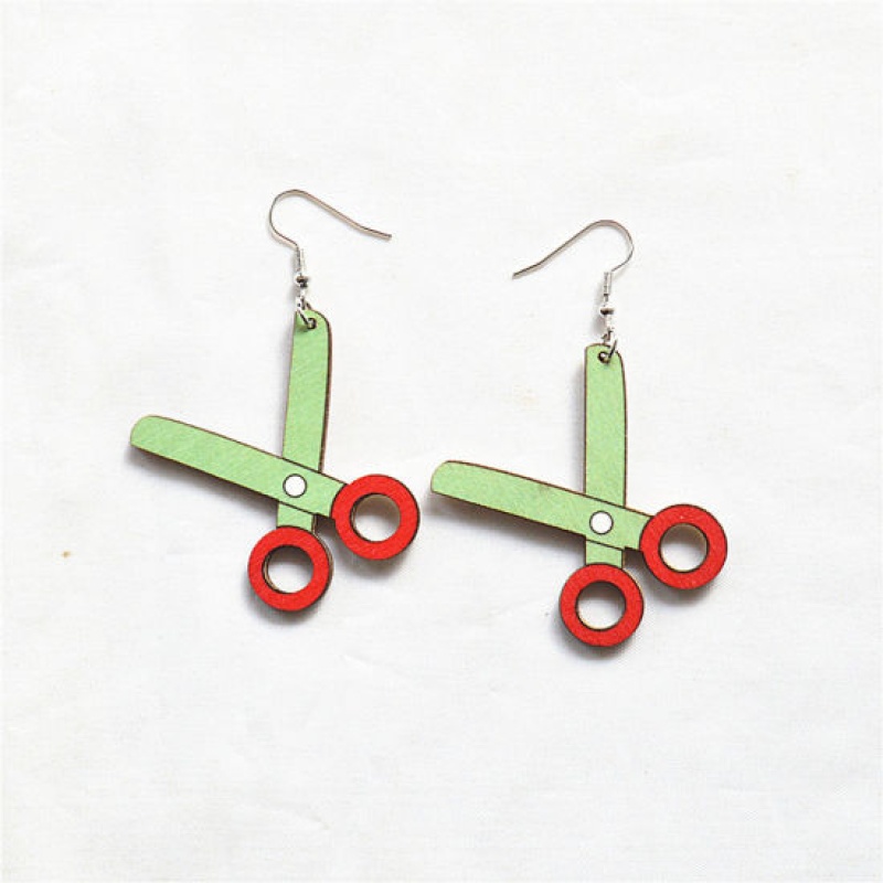 1 Pair Natural Wood College Jewelry Earrings Silver Tone Multicolor Scissor 6Cm