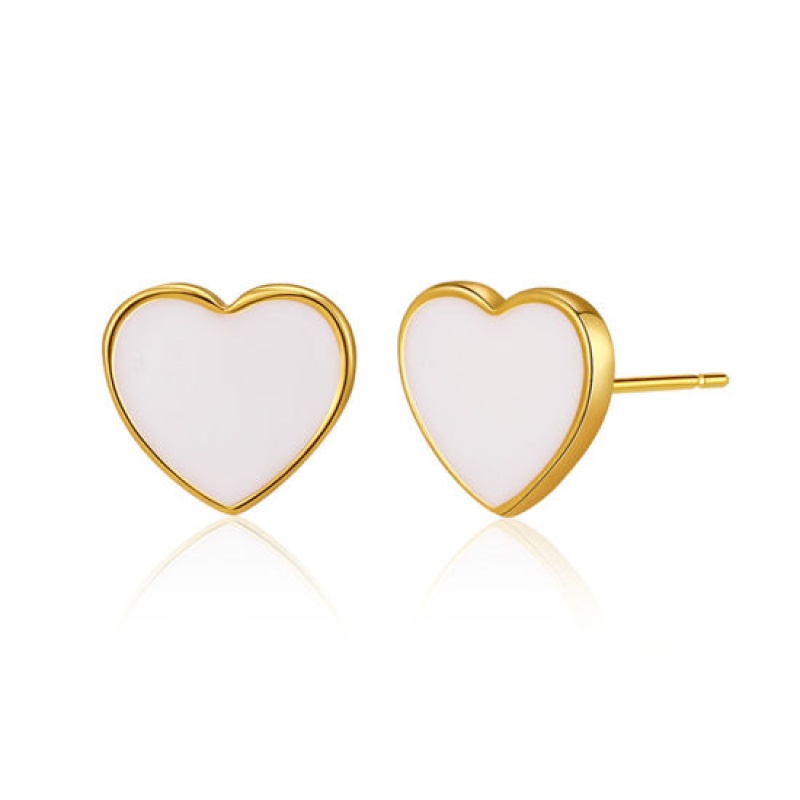 1 Pair Eco-Friendly Simple & Casual Stylish 18K Real Gold Plated White Brass Heart Enamel Ear Post Stud Earrings For Women Valentine's Day 8Mm X 7Mm
