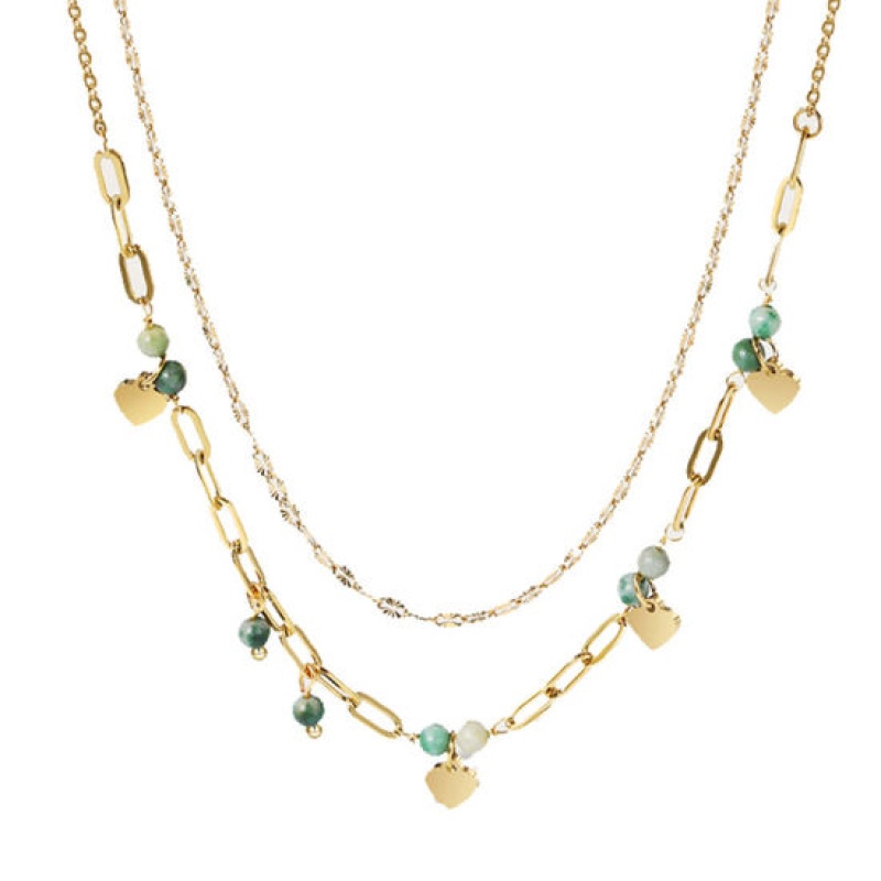 1 Piece Vacuum Plating Stylish Boho Chic Bohemia 14K Real Gold Plated 304 Stainless Steel & Stone Paperclip Chain Multilayer Layered Necklace For Women Party 47Cm-42Cm Long