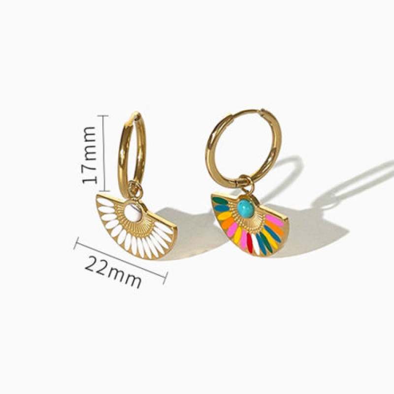 Hypoallergenic Retro Ethnic 18K Real Gold Plated White 304 Stainless Steel Fan-Shaped Enamel Earrings For Women Party 3Cm, 1 Pair