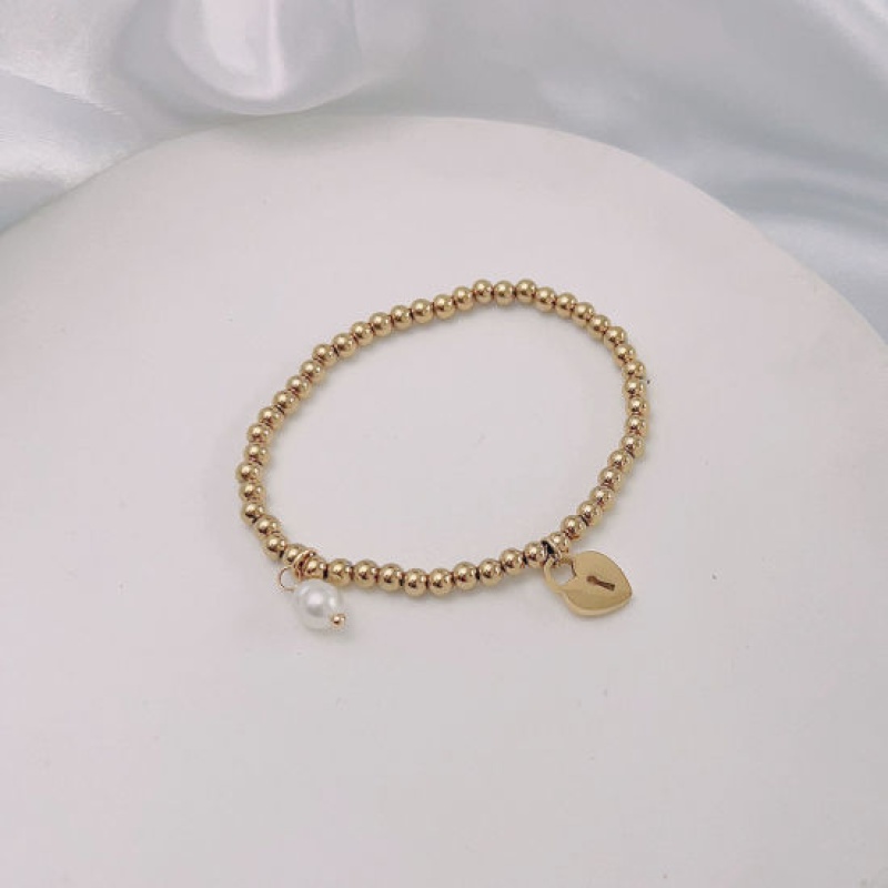 Eco-Friendly Dainty Simple 18K Gold Plated 304 Stainless Steel & Natural Pearl Lock Elastic Charm Bracelets For Women Anniversary 18Cm(7 1/8") Long, 1 Piece