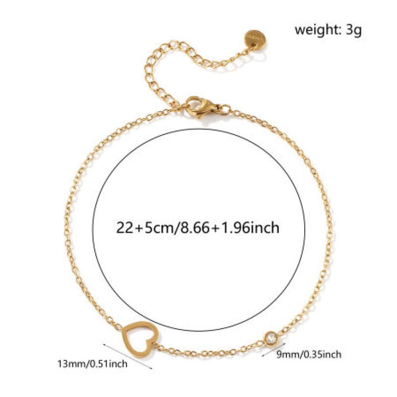 1 Piece Eco-Friendly Vacuum Plating Exquisite Stylish 18K Gold Plated Transparent Clear 304 Stainless Steel & Cubic Zirconia Link Cable Chain Heart Anklet For Women Gift 22Cm(8.7") Long