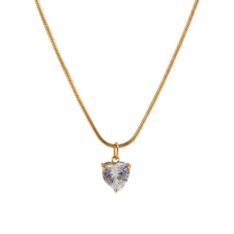 18K Real Gold Plated Snake Chain Heart Pendant Charm Necklace, 304 Stainless Steel 45Cm(17.7"), For Women, Clear Cubic Zirconia Minimalist Geometric Gift, Eco-Friendly Pvd Vacuum Plating, 1 Piece