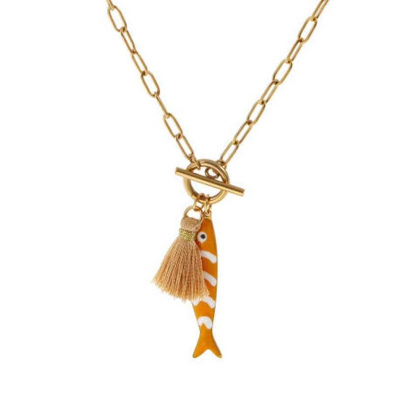 18K Real Gold Plated Paperclip Link Chain Fish Animal Pendant Charm Necklace, 304 Stainless Steel & Polyester 45Cm(17.7"), For Women, Tassel Orange Double-Sided Enamel, Ocean Jewelry Gift, Eco-Friendly Pvd Vacuum Plating, 1 Piece