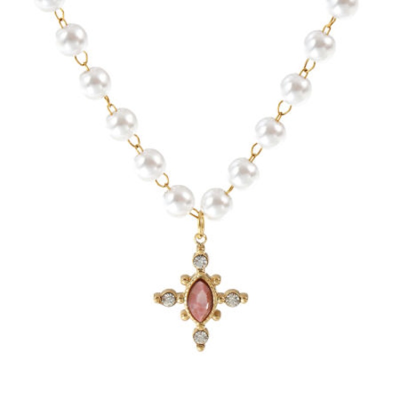 18K Real Gold Plated Beaded Chain Cross Pendant Charm Necklace, 304 Stainless Steel & Gemstone 45Cm(17.7"), For Women, Clear Rhinestone Dark Pink Acrylic Imitation Pearl, Eco-Friendly Pvd Vacuum Plating, 1 Piece