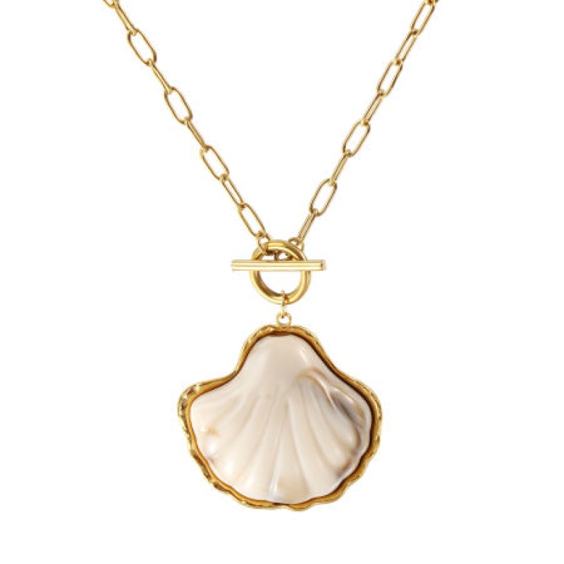 18K Real Gold Plated Paperclip Link Chain Shell Pendant Charm Necklace, 304 Stainless Steel & Resin 45Cm(17.7"), For Women, Creamy-White Dainty Casual Gift, Eco-Friendly Pvd Vacuum Plating, 1 Piece
