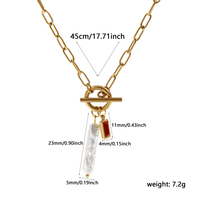 18K Real Gold Plated Paperclip Link Chain Rectangle Pendant Charm Necklace, 304 Stainless Steel & Natural Pearl 45Cm(17.7"), For Women, Wine Red Cubic Zirconia White January Birthstone Baroque Gift, Eco-Friendly Pvd Vacuum Plating, 1 Piece