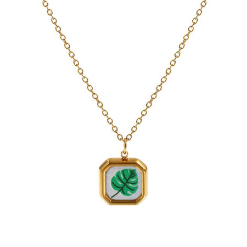 18K Real Gold Plated Link Cable Chain Octagon Pendant Charm Necklace, 304 Stainless Steel 45Cm(17.7") + 5Cm(2"), For Women, Monstera Leaf Green Printed, Exquisite Natural Pastoral Gift, Eco-Friendly Pvd Vacuum Plating, 1 Piece