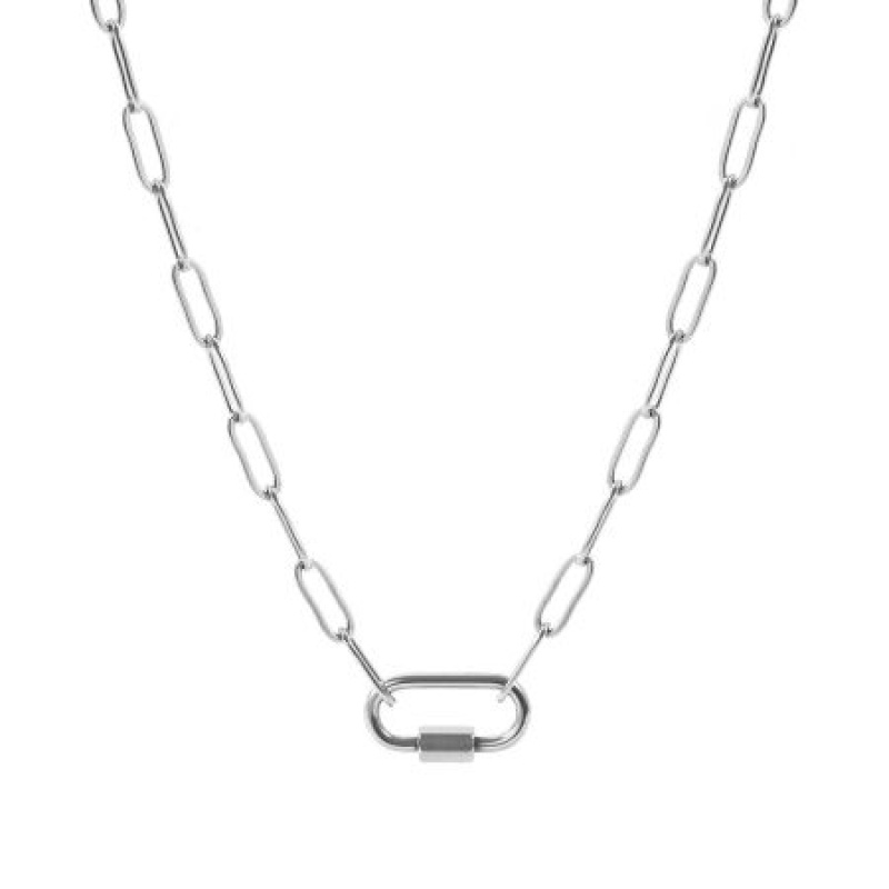 Wholesale With Screw Clasp Paperclip Link Chain Charm Holder Necklace, Silver Tone 304 Stainless Steel, Unisex Eco-Friendly Simple Hip Hop Gift Jewelry For Retailer, 44.5Cm(17 4/8") Long, Chain Size: 4Mm, 1 Piece