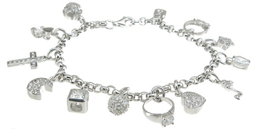 925 Sterling Silver Rhodium Finish Cz Charm Tiffany Style Bracelet