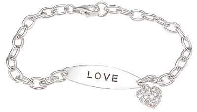 925 Sterling Silver Rhodium Finish Cz Heart Id Bracelet