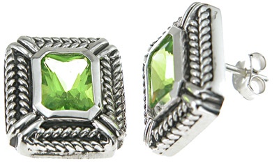 925 Sterling Silver Rhodium Finish Simulated Peridot Emerald Cut Antique Style Earrings