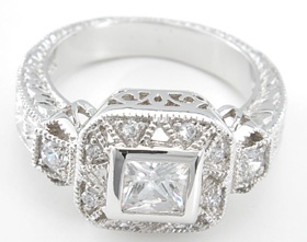 925 Sterling Silver Platinum Finish Princess Antique Style Pave Ring