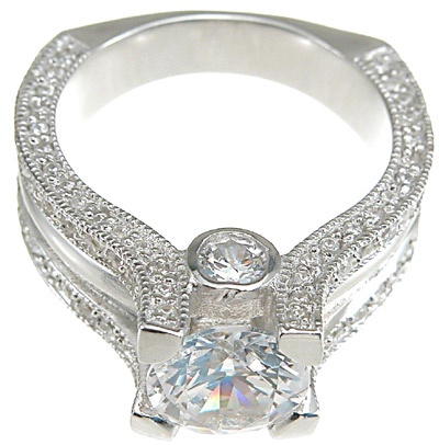 925 Sterling Silver Rhodium Finish Cz Antique Style Engagement Ring